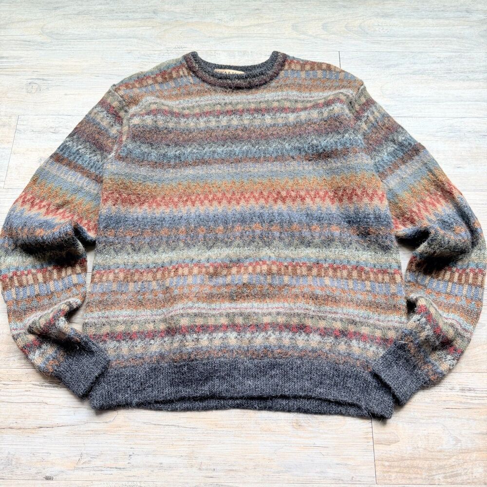 WALIKI Alpaca Wool 100% Fair Isle Sweater L Gray Multicolor Made in Bolivia